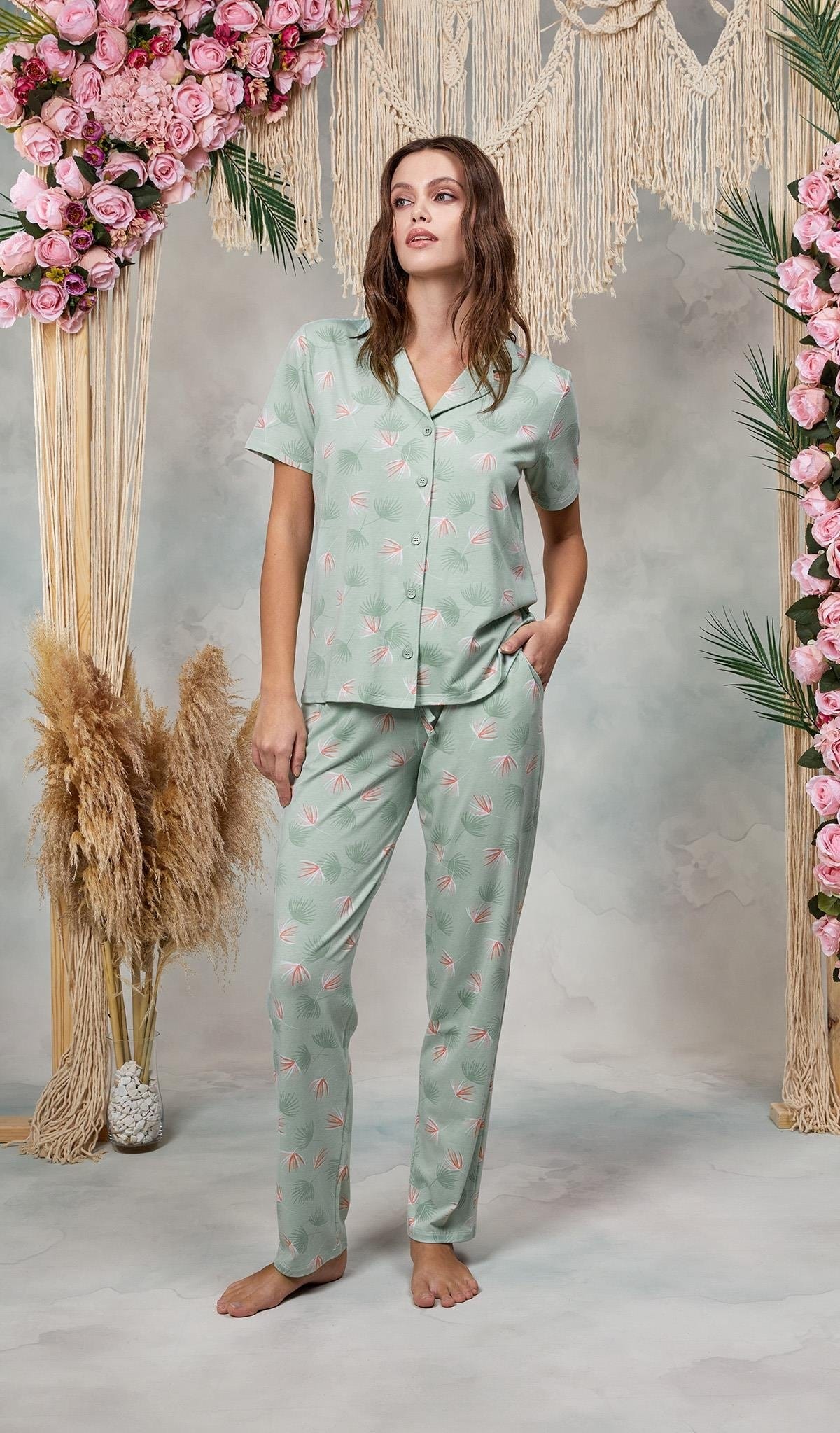 Büyük Beden Kadın Turkuaz Desenli Gömlek T-Shirt Pijama Takımı Doreanse 25Y4060P