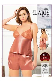 Miss Laris Büyük Beden Kahve Dantel İşlemeli Saten Şort Takım Miss Laris 4209