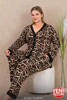 Büyük Beden Leopar Desenli Uzun Kollu Düğmeli Pijama Takımı Lady 11425 Siyah detay görünüm