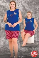 Büyük Beden Mavi Desenli Sıfır Kollu Şortlu Pijama Takımı Lady 10426 Mavi