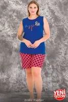 Büyük Beden Mavi Desenli Sıfır Kollu Şortlu Pijama Takımı Lady 10426 Mavi detay görünüm