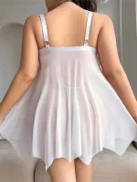 Büyük Beden Omuzları Fiyonklu Transparan Seksi Kadın Fantezi Gecelik Lily Bianca 5083 Beyaz detay görünüm