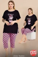 Büyük Beden Puantiyeli Kısa Kollu Kapri Pijama Takımı Lady 10723 Siyah