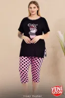 Büyük Beden Puantiyeli Kısa Kollu Kapri Pijama Takımı Lady 10723 Siyah detay görünüm