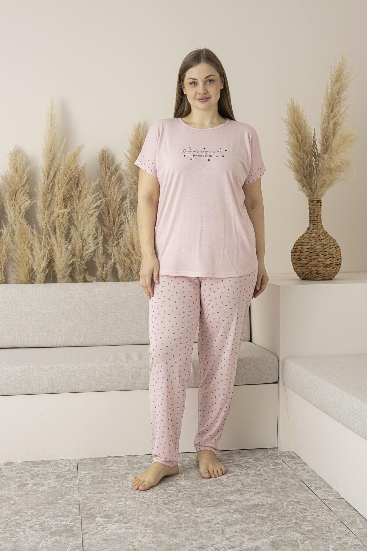 Büyük Beden Yazlık Puantiyeli Kısa Kollu Viskon Kadın Pijama Takımı Estiva 25139