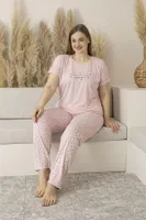 Büyük Beden Yazlık Puantiyeli Kısa Kollu Viskon Kadın Pijama Takımı Estiva 25139 Pembe görsel 4
