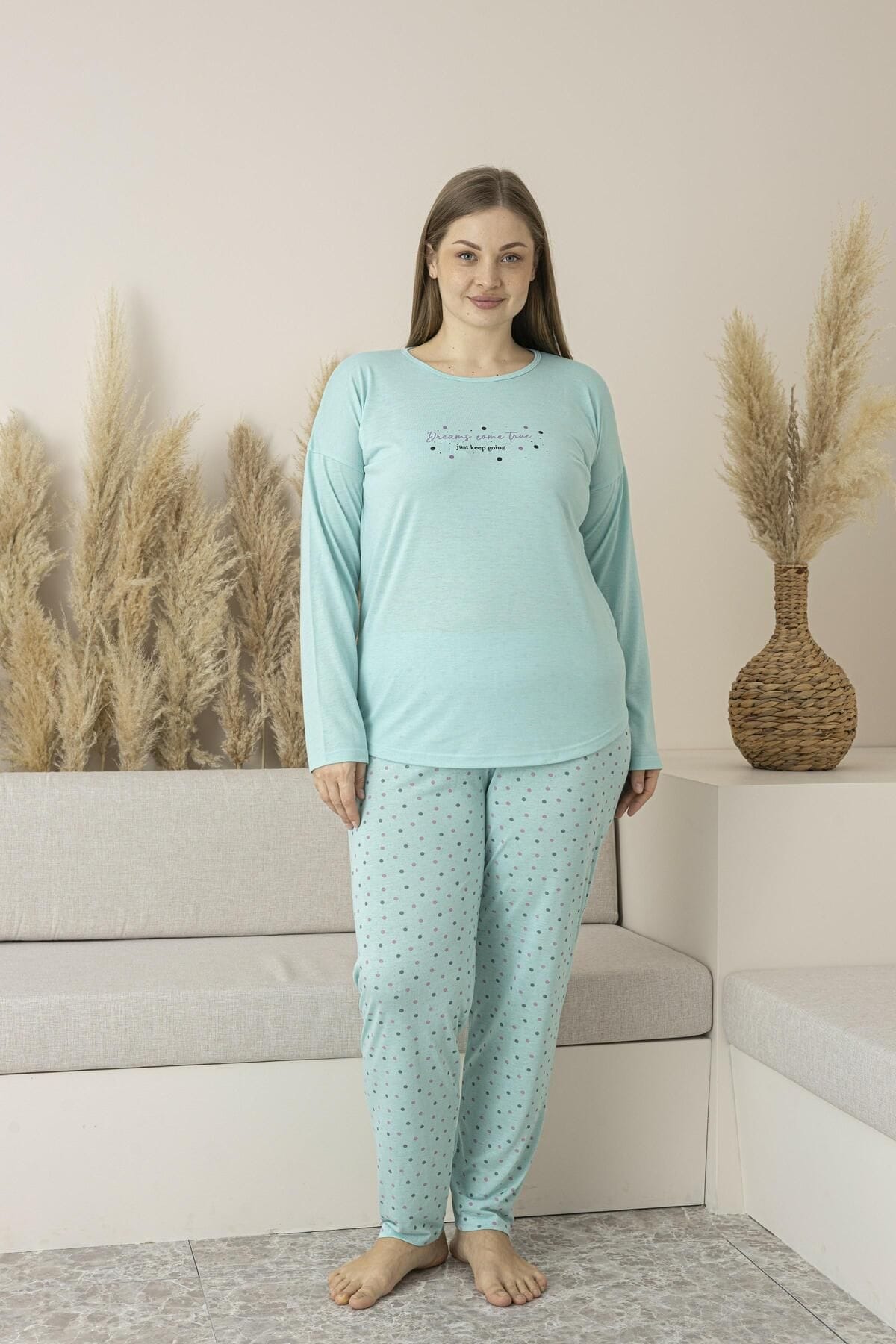 Büyük Beden Yazlık Puantiyeli Uzun Kollu Viskon Kadın Pijama Takımı Estiva 25145