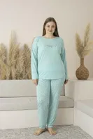 Büyük Beden Yazlık Puantiyeli Uzun Kollu Viskon Kadın Pijama Takımı Estiva 25145 Yeşil