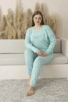 Büyük Beden Yazlık Puantiyeli Uzun Kollu Viskon Kadın Pijama Takımı Estiva 25145 Yeşil detay görünüm