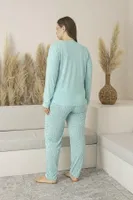Büyük Beden Yazlık Puantiyeli Uzun Kollu Viskon Kadın Pijama Takımı Estiva 25145 Yeşil görsel 4