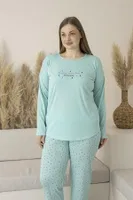 Büyük Beden Yazlık Puantiyeli Uzun Kollu Viskon Kadın Pijama Takımı Estiva 25145 Yeşil görsel 5
