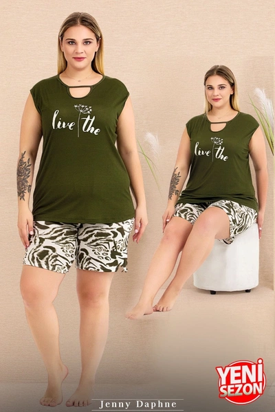 Büyük Beden Yeşil Kolsuz Ip Yaka Şortlu Pijama Takımı Lady 10424