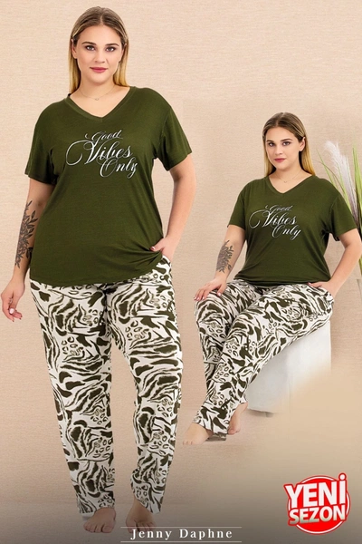 Büyük Beden Yeşil V Yaka Pijama Takımı Lady 10999