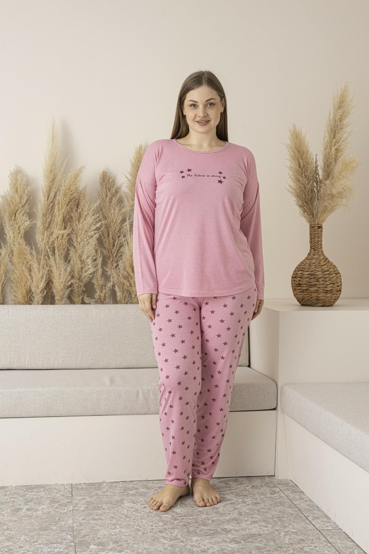 Büyük Beden Yıldız Desenli Uzun Kollu Viskon Kadın Pijama Takımı Estiva 25146
