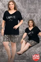 Büyük Beden Zebra Desenli Kısa Kollu V Yaka Şortlu Pijama Takımı Lady 10422 Siyah