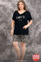 Büyük Beden Zebra Desenli Kısa Kollu V Yaka Şortlu Pijama Takımı Lady 10422 Siyah detay görünüm