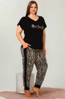 Büyük Beden Zebra Kısa Kollu Uzun Pijama Takımı Lady 10947 Siyah