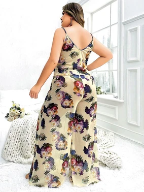 Pink Night Büyük Çiçek Desenli İnce Askılı Büyük Beden Pijama Takımı Pink Night 6951 - Alternatif Görünüm