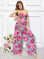 Büyük Çiçekli Geniş Pantalon İnce Askılı Pijama Takımı Pink Night 1457 Mavi