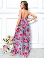 Büyük Çiçekli Geniş Pantalon İnce Askılı Pijama Takımı Pink Night 1457 Mavi farklı açı