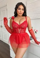 Çapraz İpli Dantelli Büyük Beden Tüllü Fantazi Gecelik Ruselin 8008 Kırmızı detay görünüm