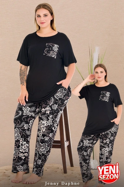Cepli Büyük Beden Çiçek Desenli Bisiklet Yaka Kısa Kollu Pijama Takımı Lady 11011