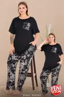 Cepli Büyük Beden Çiçek Desenli Bisiklet Yaka Kısa Kollu Pijama Takımı Lady 11011 Siyah