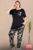 Cepli Büyük Beden Çiçek Desenli Bisiklet Yaka Kısa Kollu Pijama Takımı Lady 11011 Siyah detay görünüm