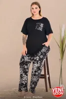 Cepli Büyük Beden Çiçek Desenli Bisiklet Yaka Kısa Kollu Pijama Takımı Lady 11011 Siyah farklı açı