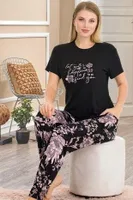 Cepli Kısa Kollu Çiçek Desenli Pijama Takımı Lady 12554 Siyah