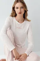Cepli Önü Yazılı Uzun Kollu Yuvarlak Yaka Kadın Pijama Takımı Arnetta AR3417-S Beyaz detay görünüm