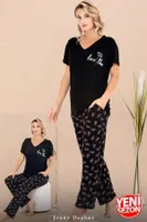 Cepli V Yaka Desenli Kısa Kollu Kadın Pijama Takımı Lady 12670  Siyah