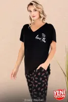 Cepli V Yaka Desenli Kısa Kollu Kadın Pijama Takımı Lady 12670  Siyah detay görünüm