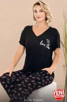 Cepli V Yaka Desenli Kısa Kollu Kadın Pijama Takımı Lady 12670  Siyah görsel 4