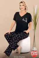 Cepli V Yaka Desenli Kısa Kollu Kadın Pijama Takımı Lady 12670  Siyah görsel 5