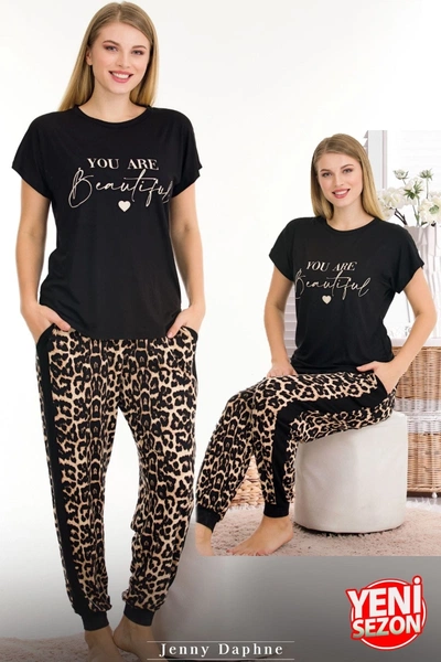 Yanları Şeritli Cepli Leopar Desenli Bisiklet Yaka Kısa Kollu Pijama Takımı Lady 12556