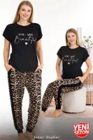 Yanları Şeritli Cepli Leopar Desenli Bisiklet Yaka Kısa Kollu Pijama Takımı Lady 12556 Siyah