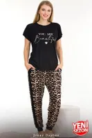 Yanları Şeritli Cepli Leopar Desenli Bisiklet Yaka Kısa Kollu Pijama Takımı Lady 12556 Siyah detay görünüm