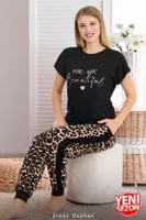 Yanları Şeritli Cepli Leopar Desenli Bisiklet Yaka Kısa Kollu Pijama Takımı Lady 12556 Siyah farklı açı