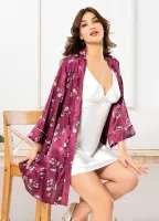 Çiçek Desenli Askılı Saten Gecelik Sabahlık Takım Miss Laris 5001 Bordo detay görünüm