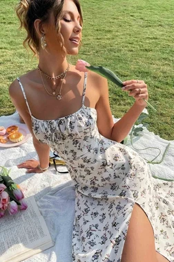 Merry See Çiçek Desenli Askılı Yırtmaçlı Midi Diz Altı Elbise Merry See MS 2956 Çok Renkli - Alternatif Görünüm