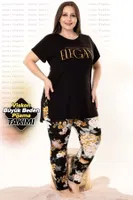 Çiçek Desenli Büyük Beden Kapri Pijama Takımı Lady-10948 Siyah