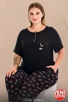 Çiçek Desenli Düğmeli Kısa Kollu Büyük Beden Kadın Pijama Takımı Lady 11016  Siyah detay görünüm