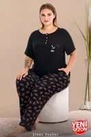 Çiçek Desenli Düğmeli Kısa Kollu Büyük Beden Kadın Pijama Takımı Lady 11016  Siyah farklı açı
