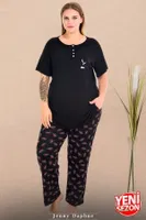Çiçek Desenli Düğmeli Kısa Kollu Büyük Beden Kadın Pijama Takımı Lady 11016  Siyah görsel 4