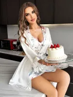 Çiçek Desenli İnce Askılı Saten Gecelik Sabahlık Takım Pink Night 1514 Beyaz