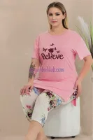 Çiçek Desenli Kadın Kapri Büyük Beden Pijama Takımı Lady 10724 Pembe