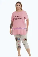 Çiçek Desenli Kadın Kapri Büyük Beden Pijama Takımı Lady 10724 Pembe detay görünüm