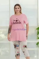 Çiçek Desenli Kadın Kapri Büyük Beden Pijama Takımı Lady 10724 Pembe görsel 4