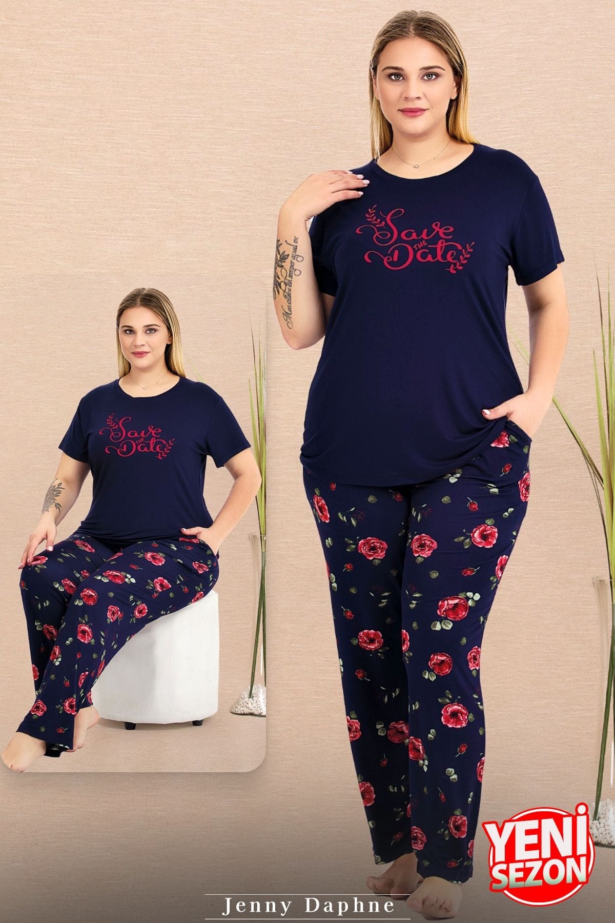 Çiçek Desenli Lacivert Büyük Beden Bisiklet Yaka Kısa Kollu Pijama Takımı Lady 11025